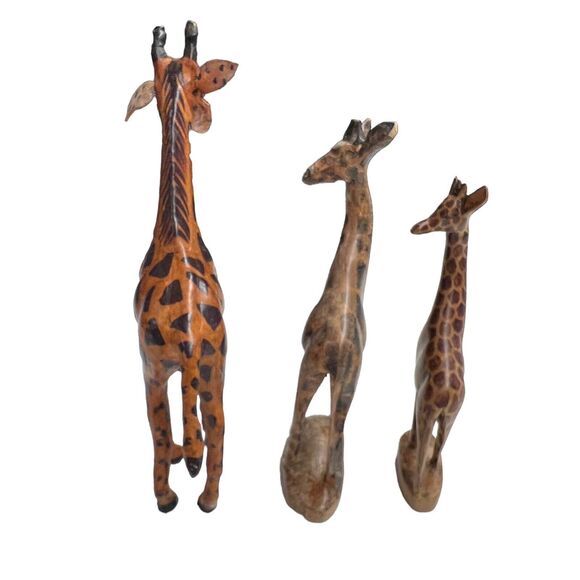 Vintage Trio Giraffes Leather Wrapped Hand Carved Wooden Shelf Sitters Bookcase‎ - Picture 5 of 8